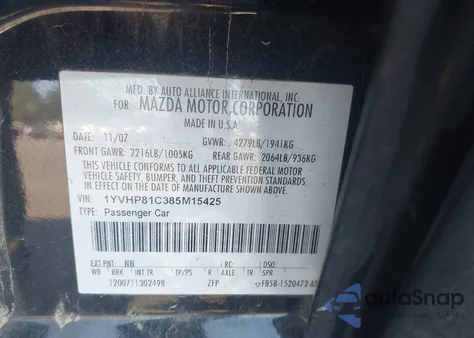 2008 Mazda Mazda6 I Grand Touring z USA, uszkodzony, nr VIN 1YVHP81C385M15425